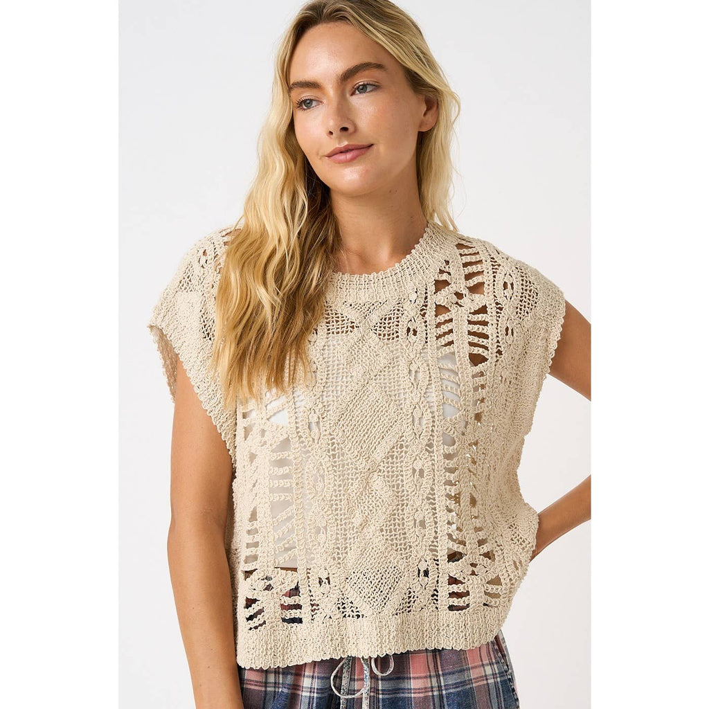CROCHET OPEN KNIT SHORT SLEEVE SWEATER TOP
