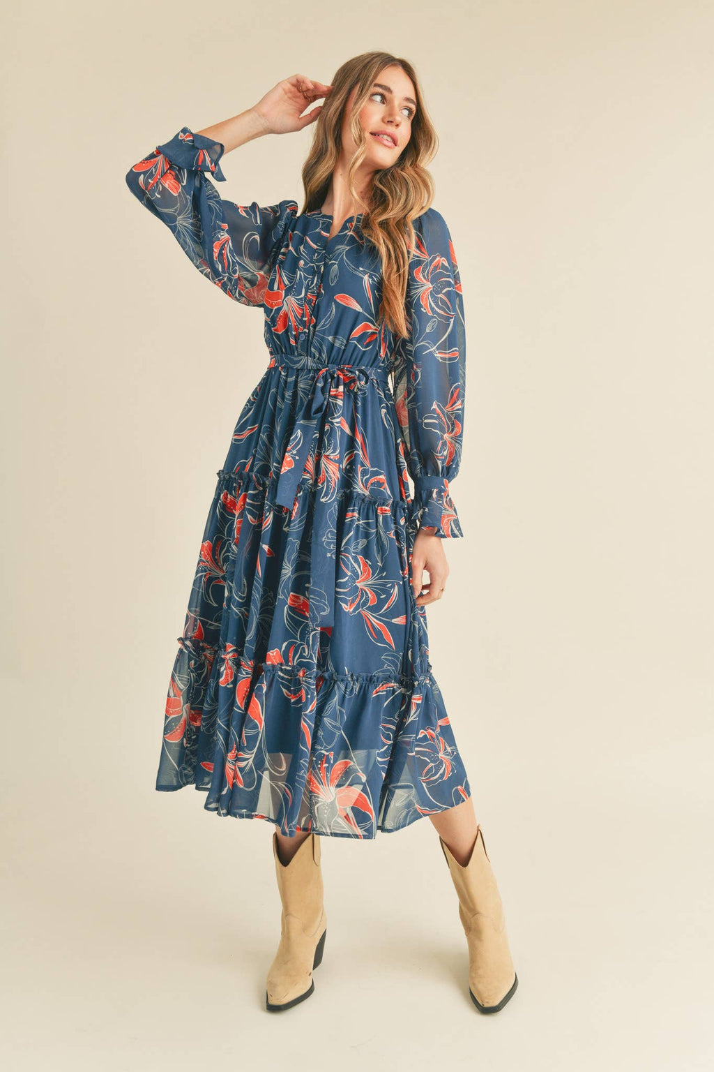 EXCLUSIVE PRINT TIERED BUTTON DOWN MIDI DRESS