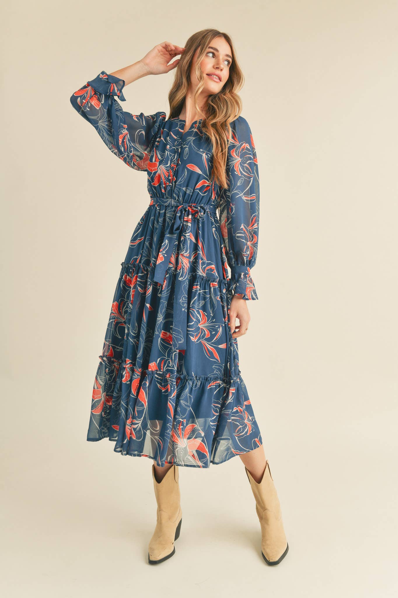 EXCLUSIVE PRINT TIERED BUTTON DOWN MIDI DRESS