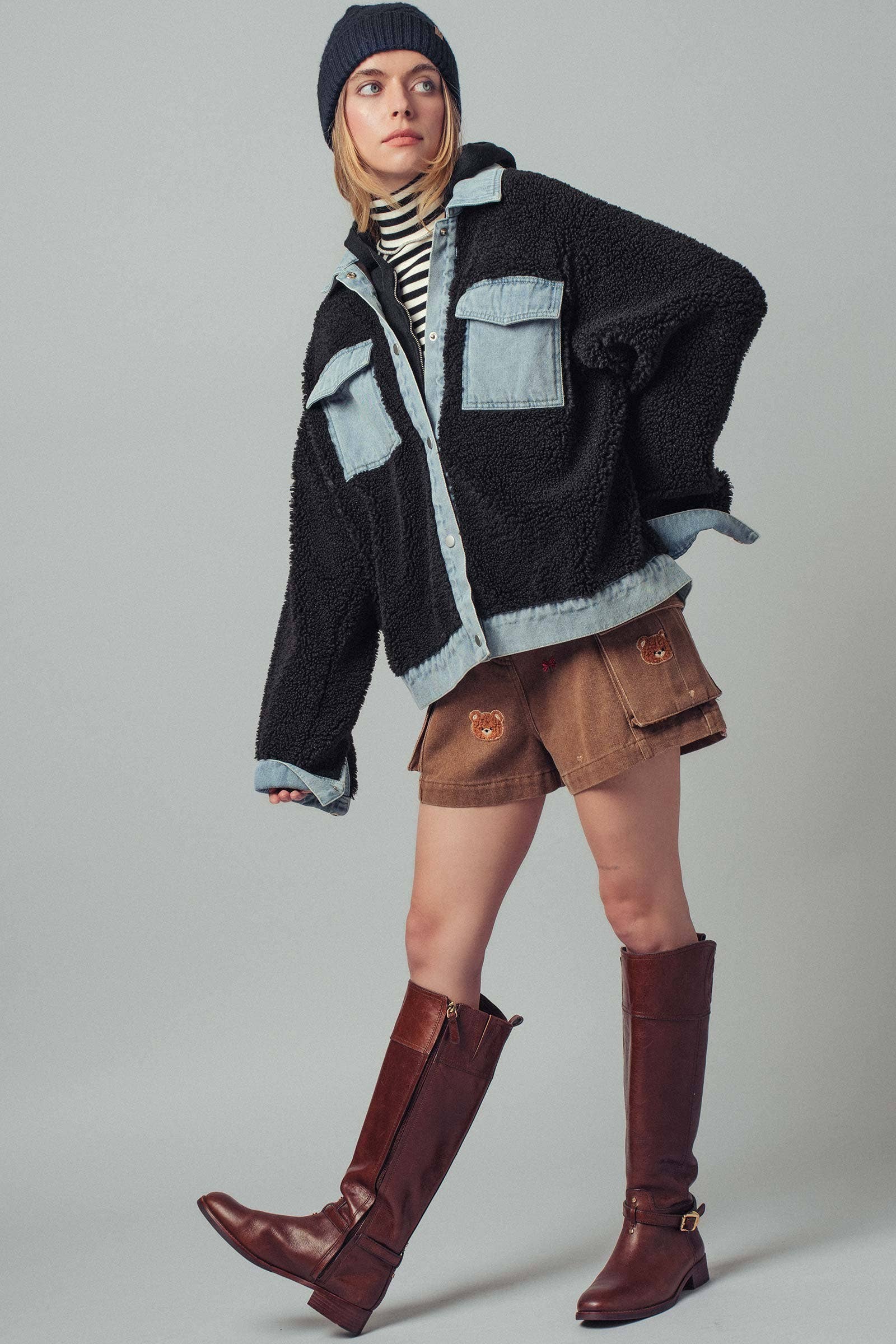 Denim Contrast Sherpa Mixed-Media Shacket