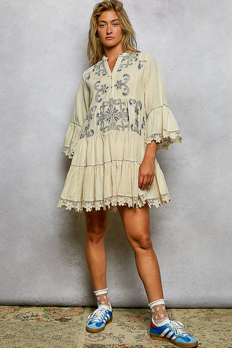 Linen 3/4 Sleeve V-Neck Lace Embroidery Dress