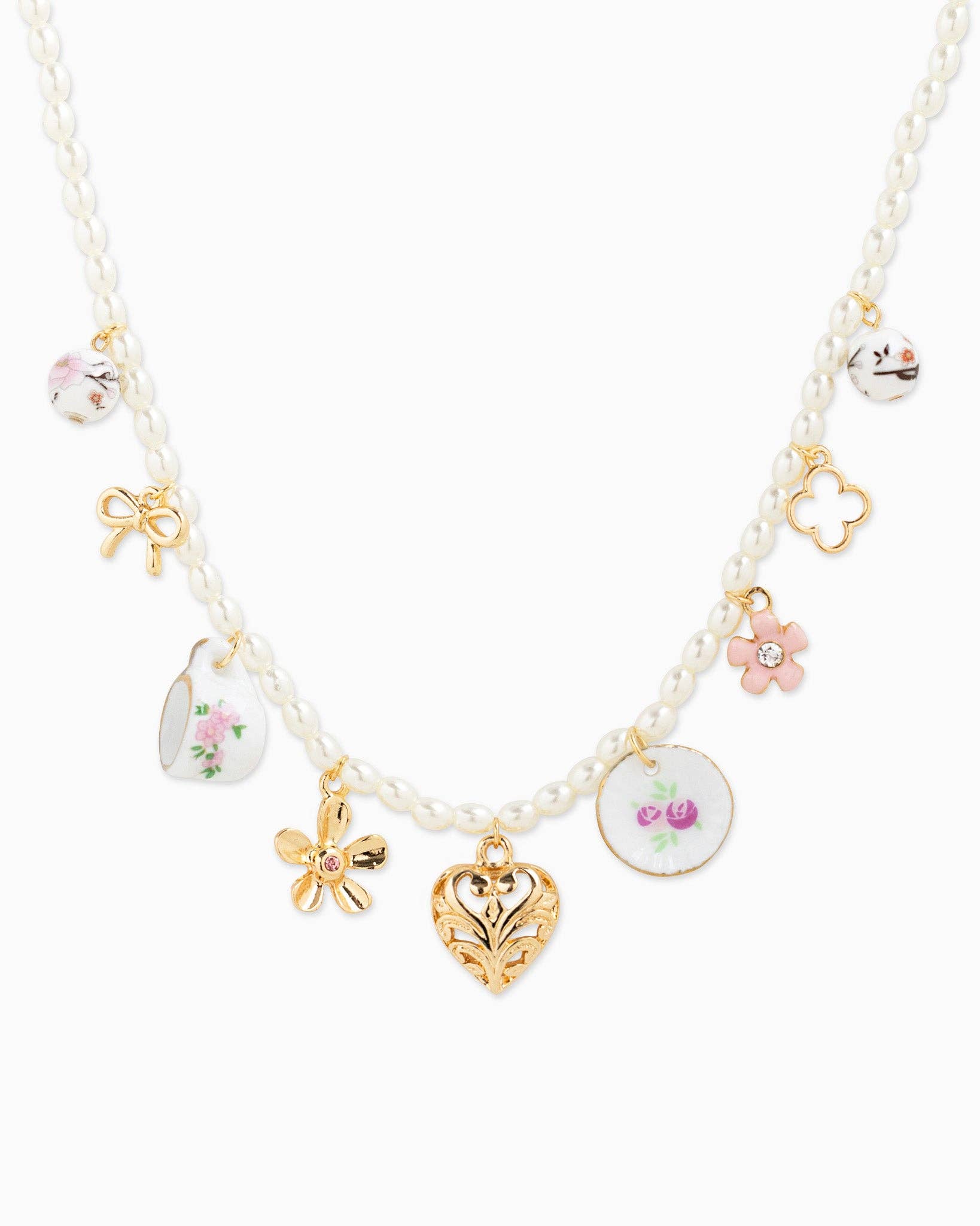 Feminine Ceramic Charm Pearl Chain Necklace