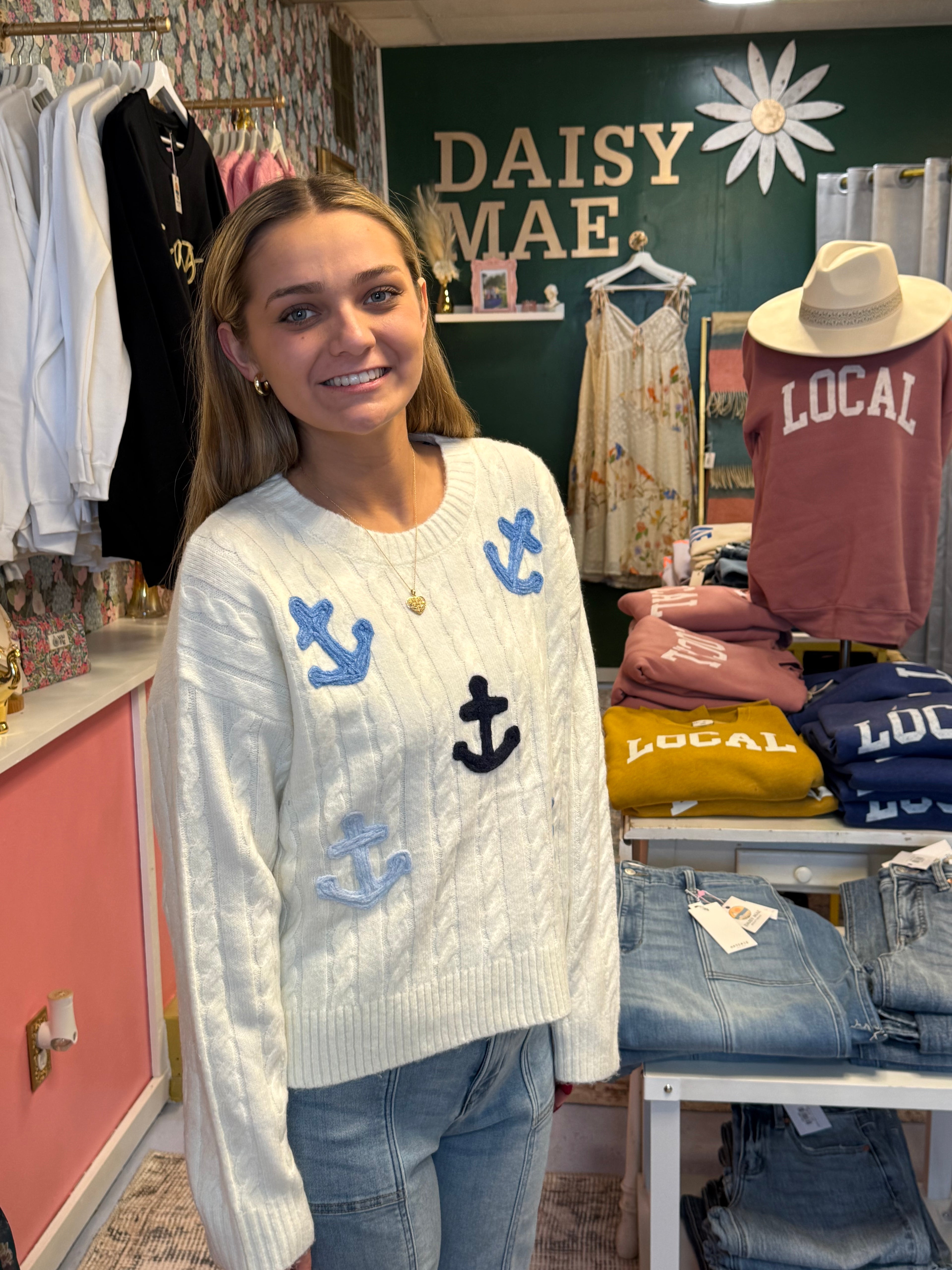 Nautical Anchor Applique Cable Knit Sweater
