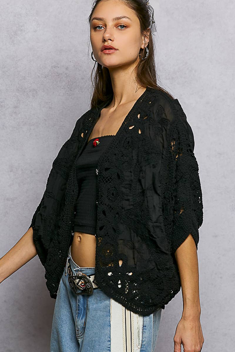Batwing Sleeve Button Down Solid Crochet Cardigan Top