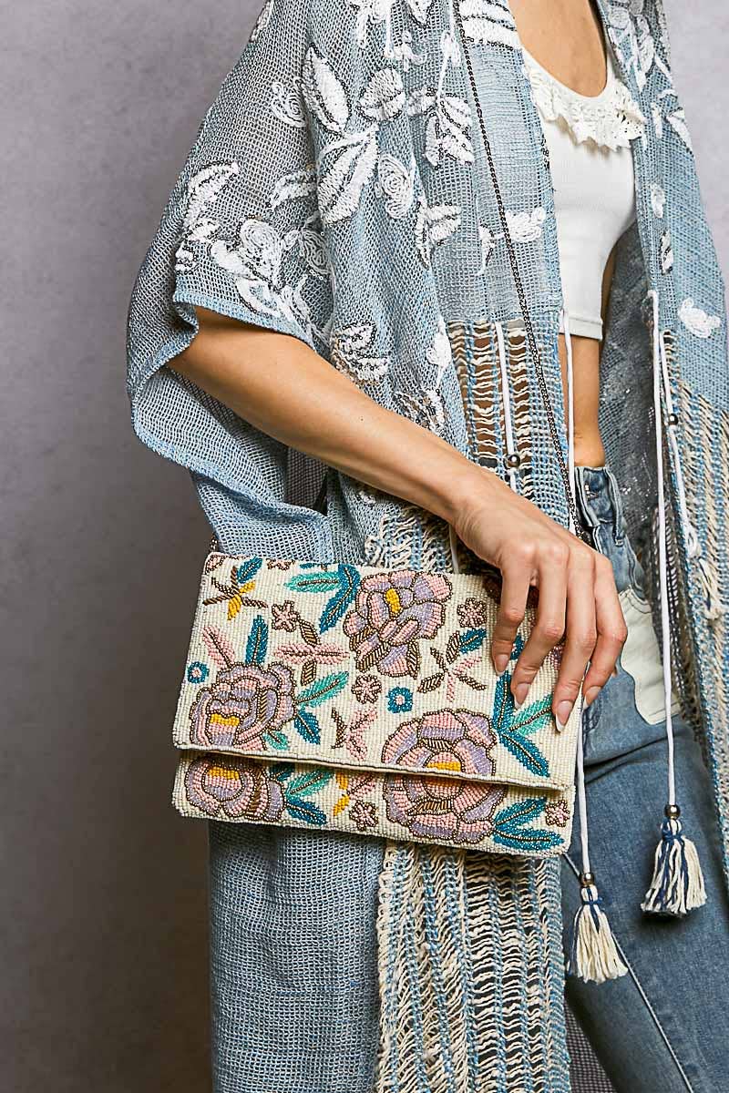 Floral Beaded Chain Strap Ivory Mini Shoulder Bag