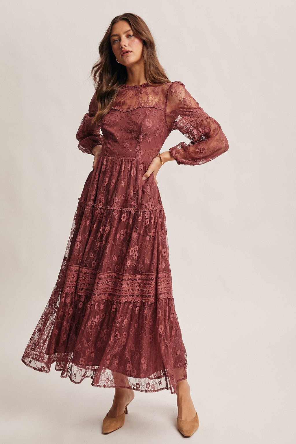 Tiered Long Sleeve Lace Maxi Dress