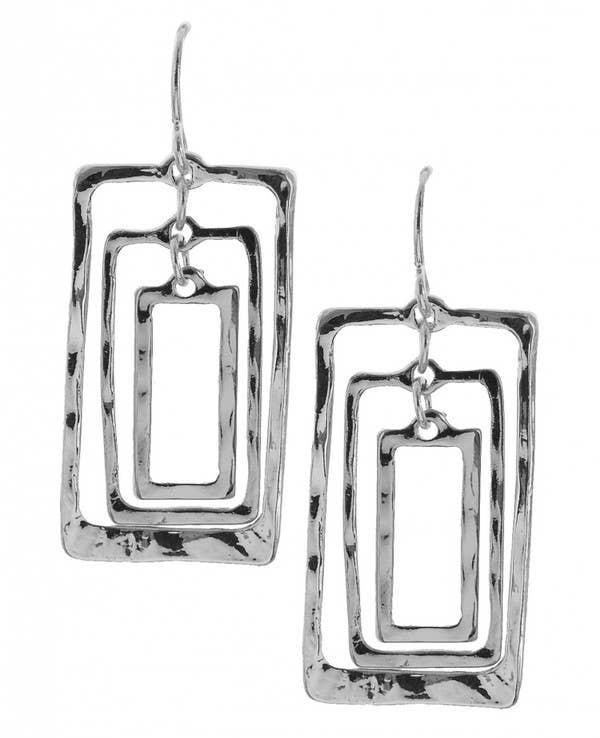 All Silver Layered Multi-Ring Rectangle Earrings