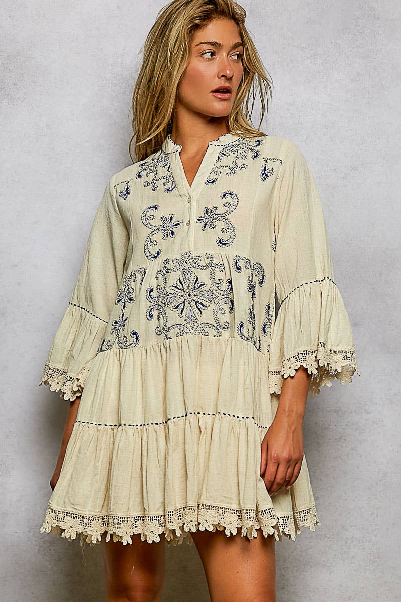 Linen 3/4 Sleeve V-Neck Lace Embroidery Dress