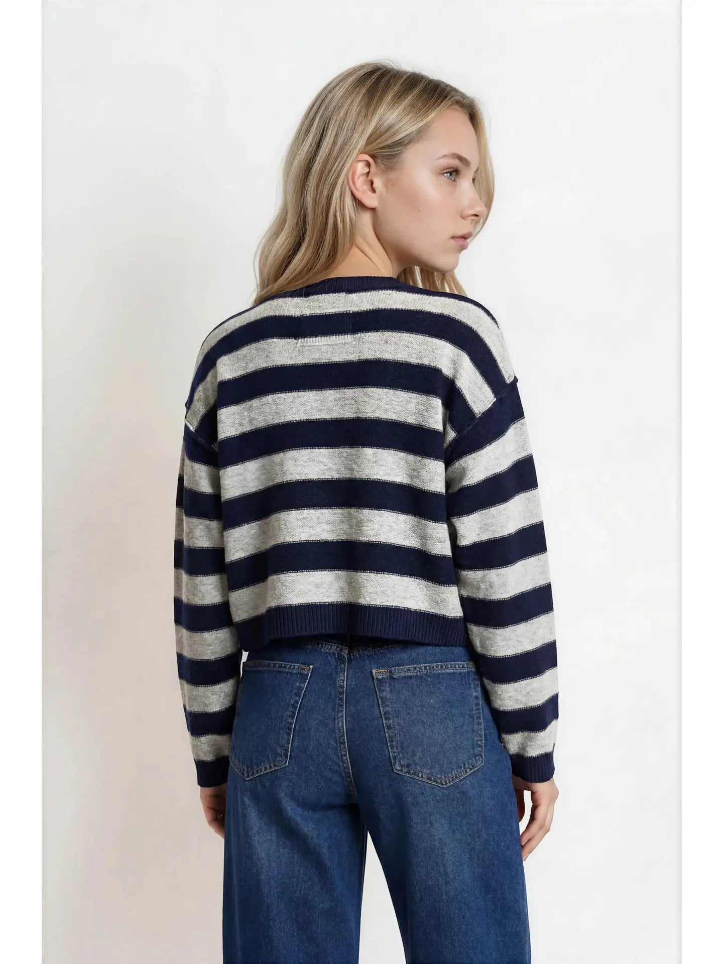 Stripe Exposed Seam Long Sleeve Cropped Sweater