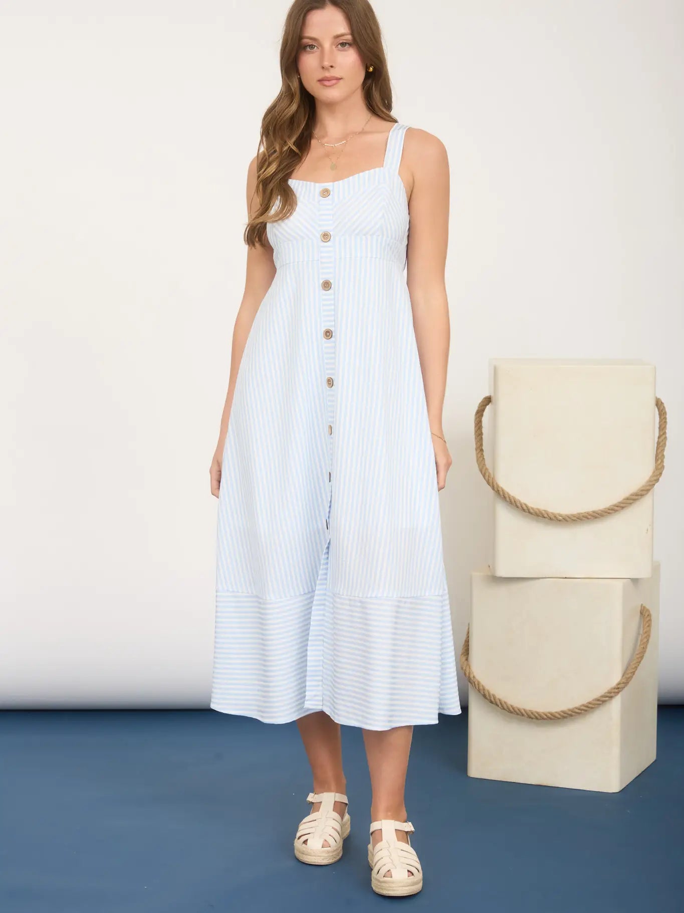 Stripe Sweetheart Button Down Sleeveless Midi Dress