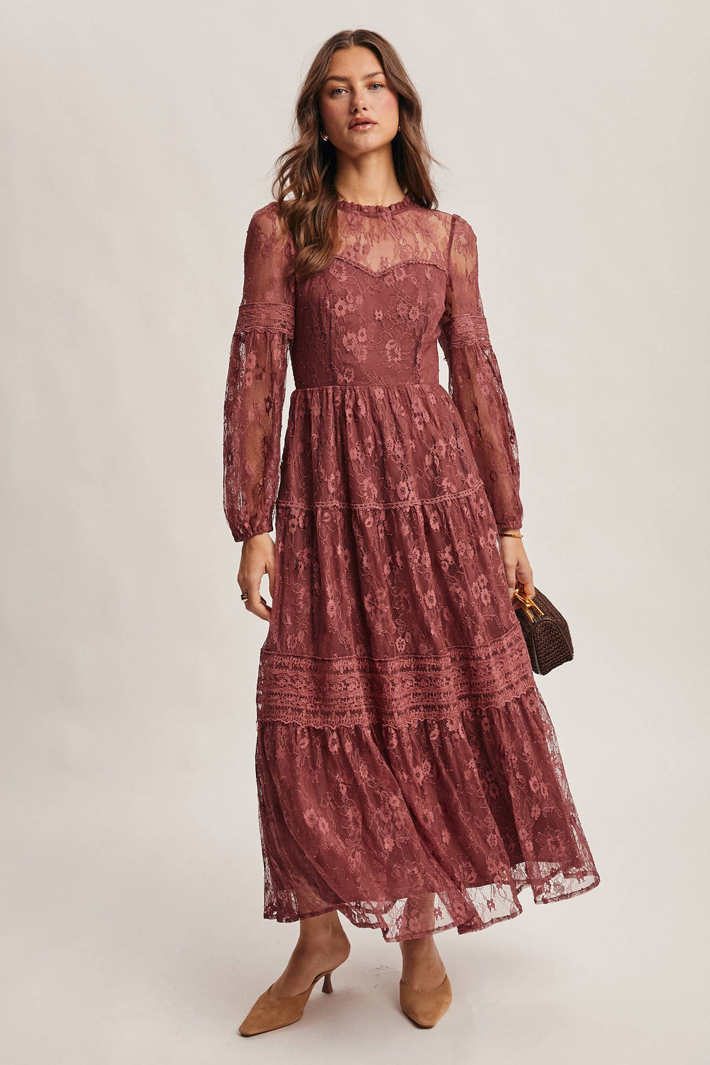 Tiered Long Sleeve Lace Maxi Dress