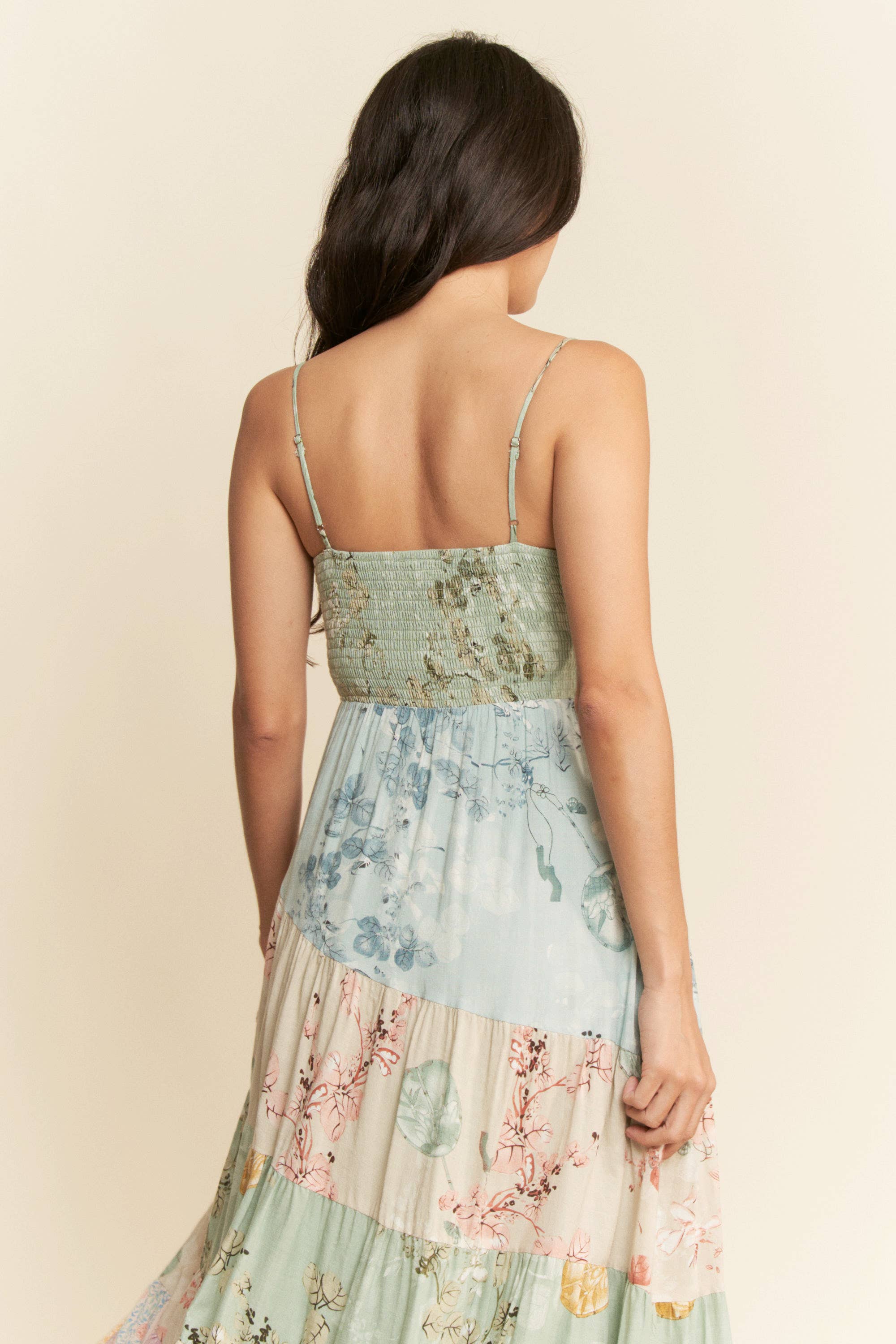 ETHNIC FLORAL MIX MATCHED TIERED MAXI DRESS
