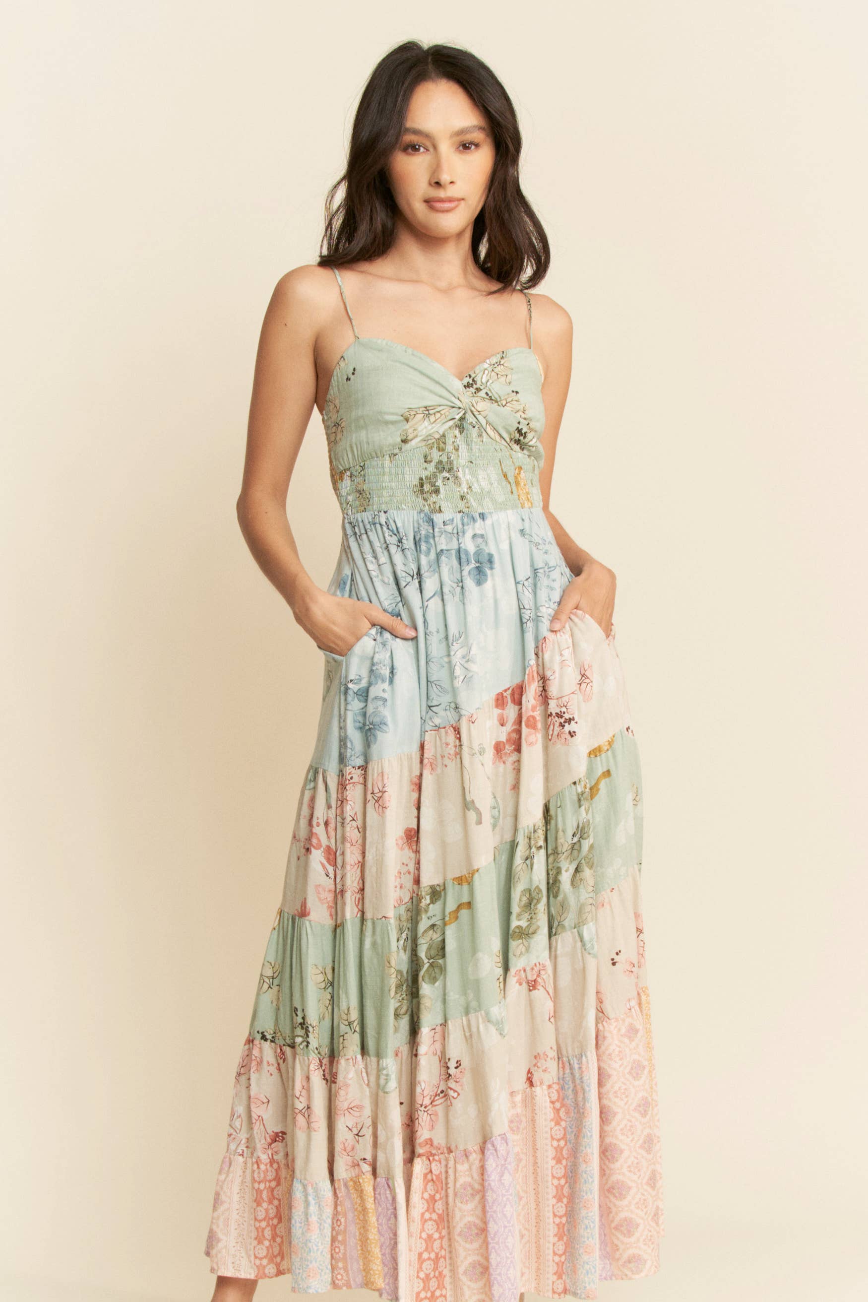 ETHNIC FLORAL MIX MATCHED TIERED MAXI DRESS