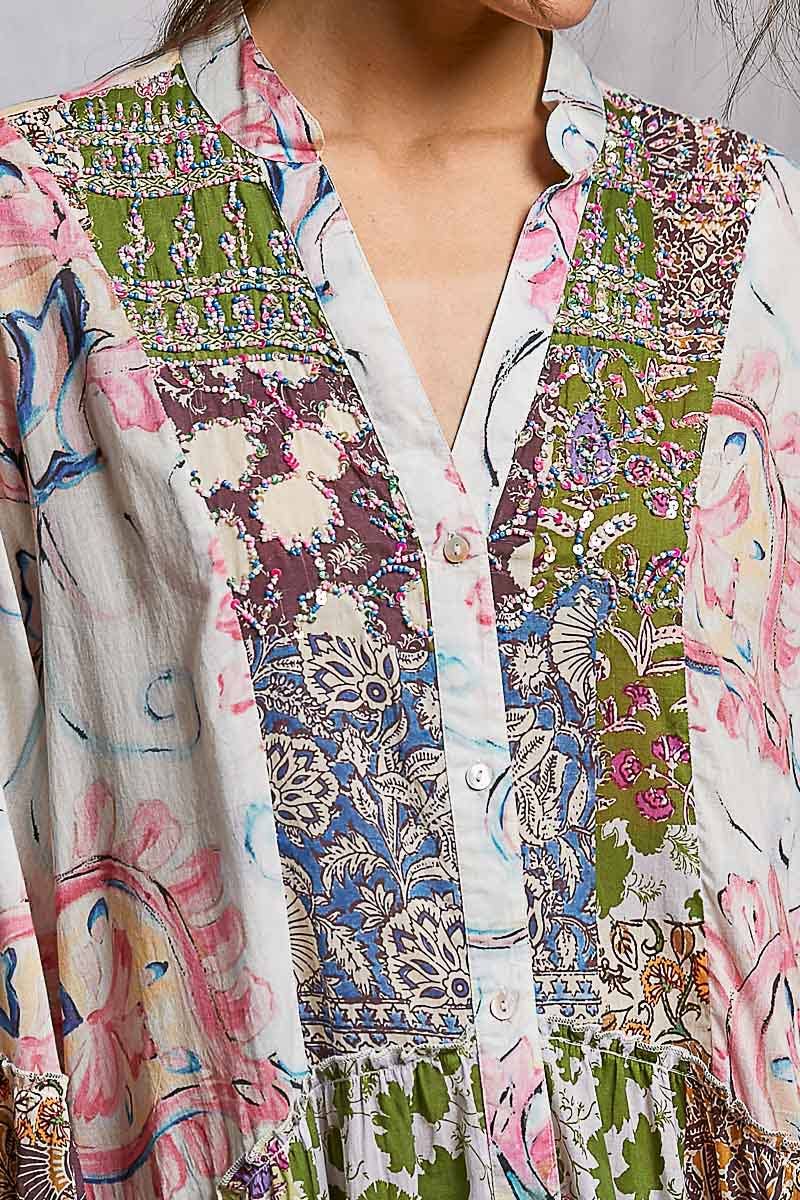 Printed Woven V-Neck Long Sleeve Dress