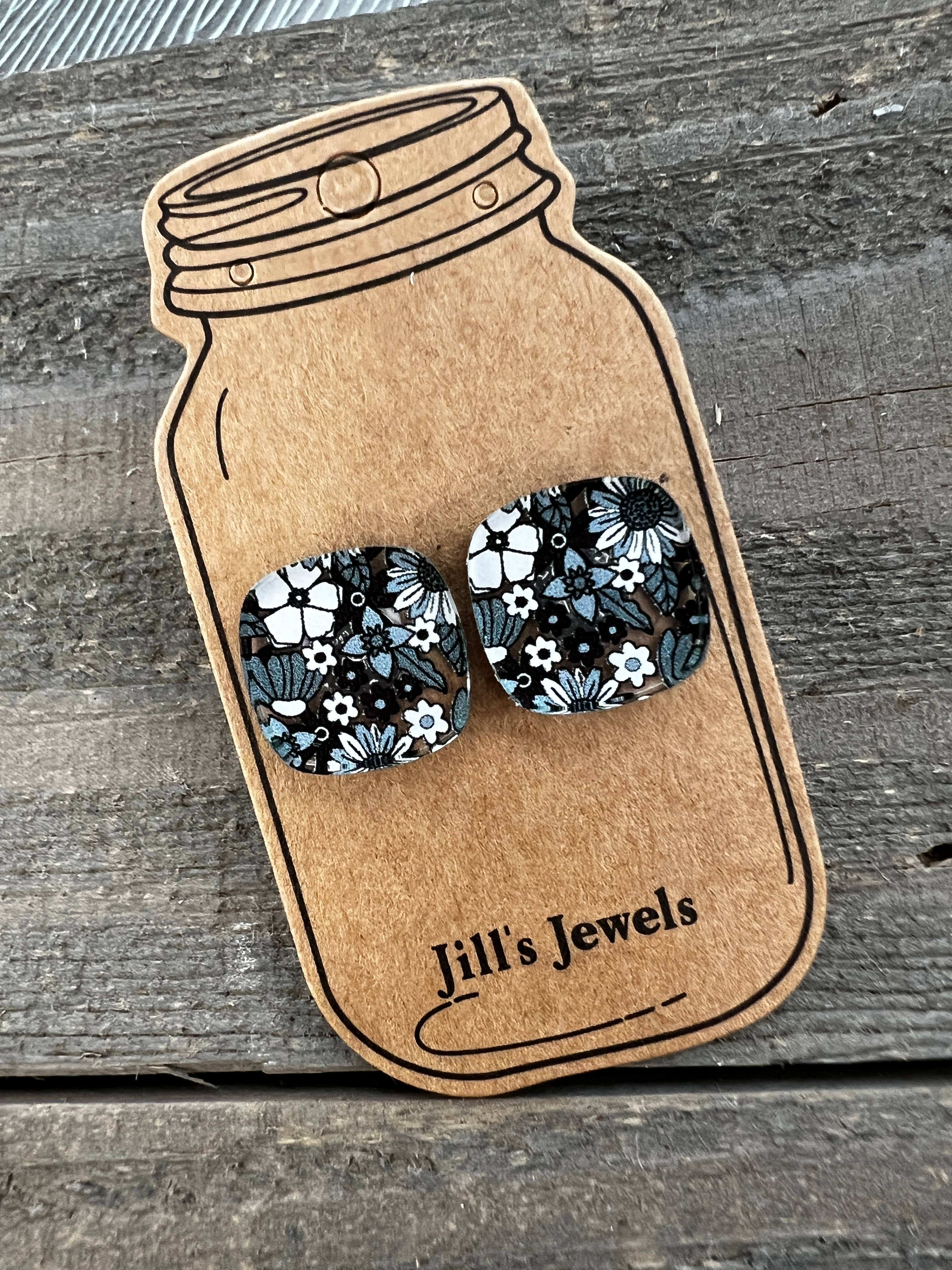 Black and White Square Boho Floral Stud Earrings