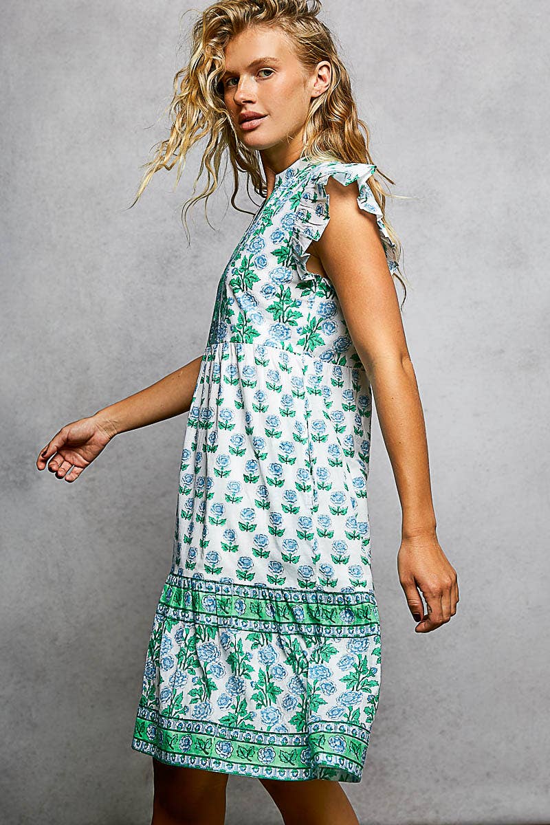 Boho Floral Print Ruffle Sleeve V-Neck Midi Dress