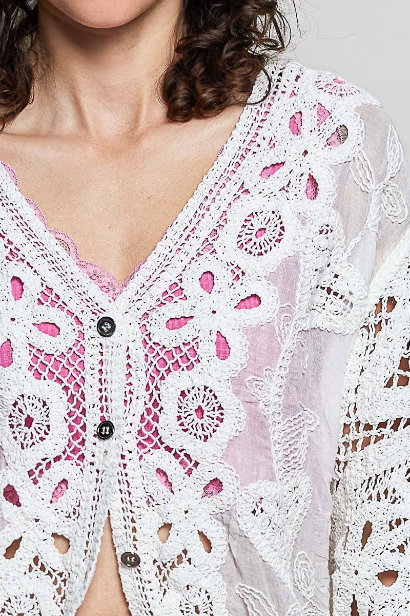 Batwing Sleeve Button Down Solid Crochet Cardigan Top