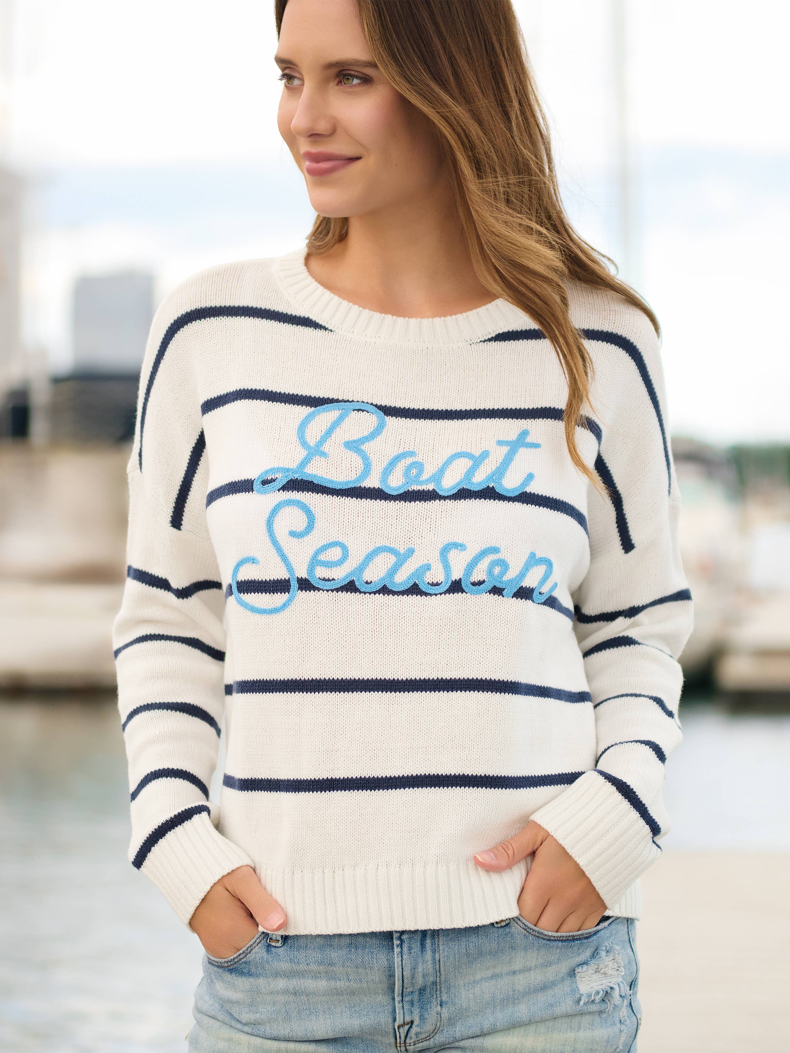 "BOAT SEASON" RELAXED FIT SWEATERS,WHITE