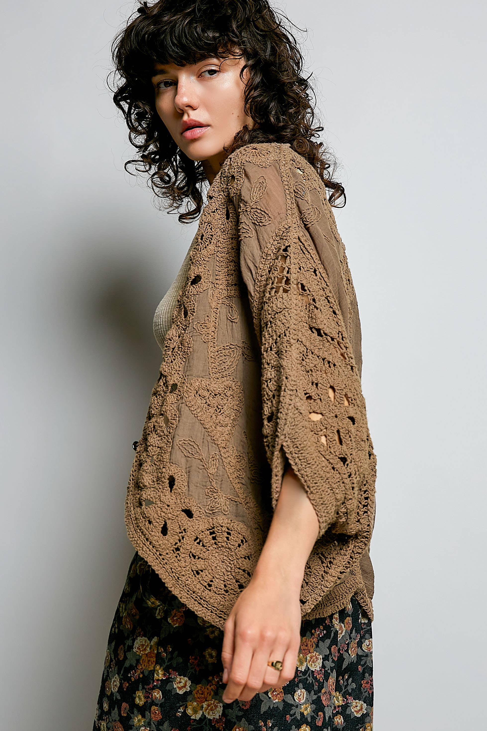 Batwing Sleeve Button Down Solid Crochet Cardigan Top