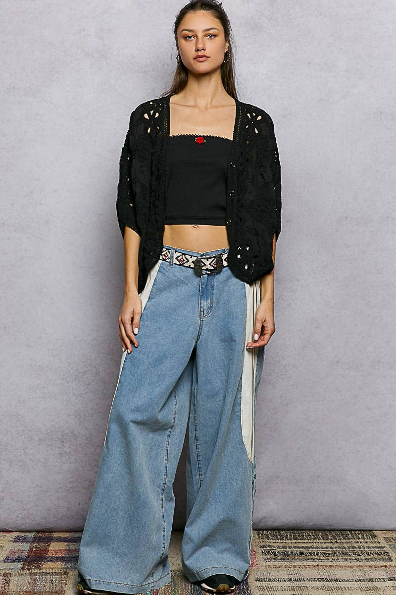 Batwing Sleeve Button Down Solid Crochet Cardigan Top