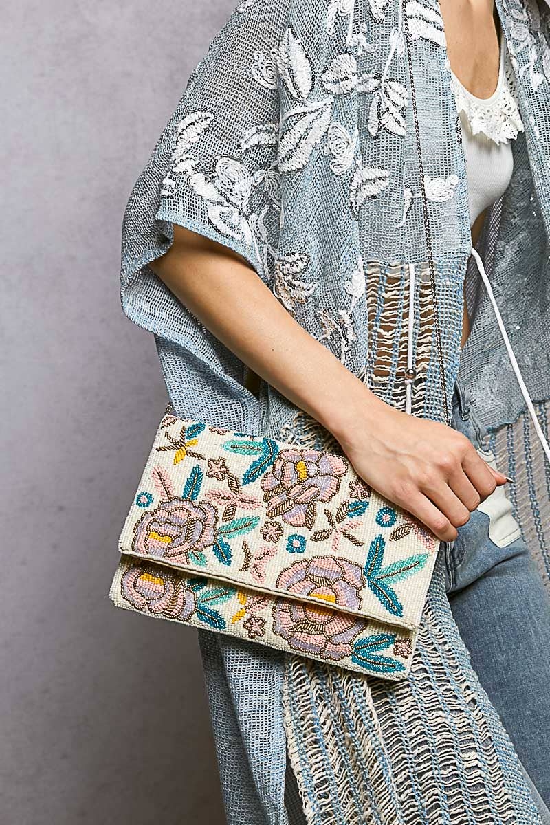 Floral Beaded Chain Strap Ivory Mini Shoulder Bag