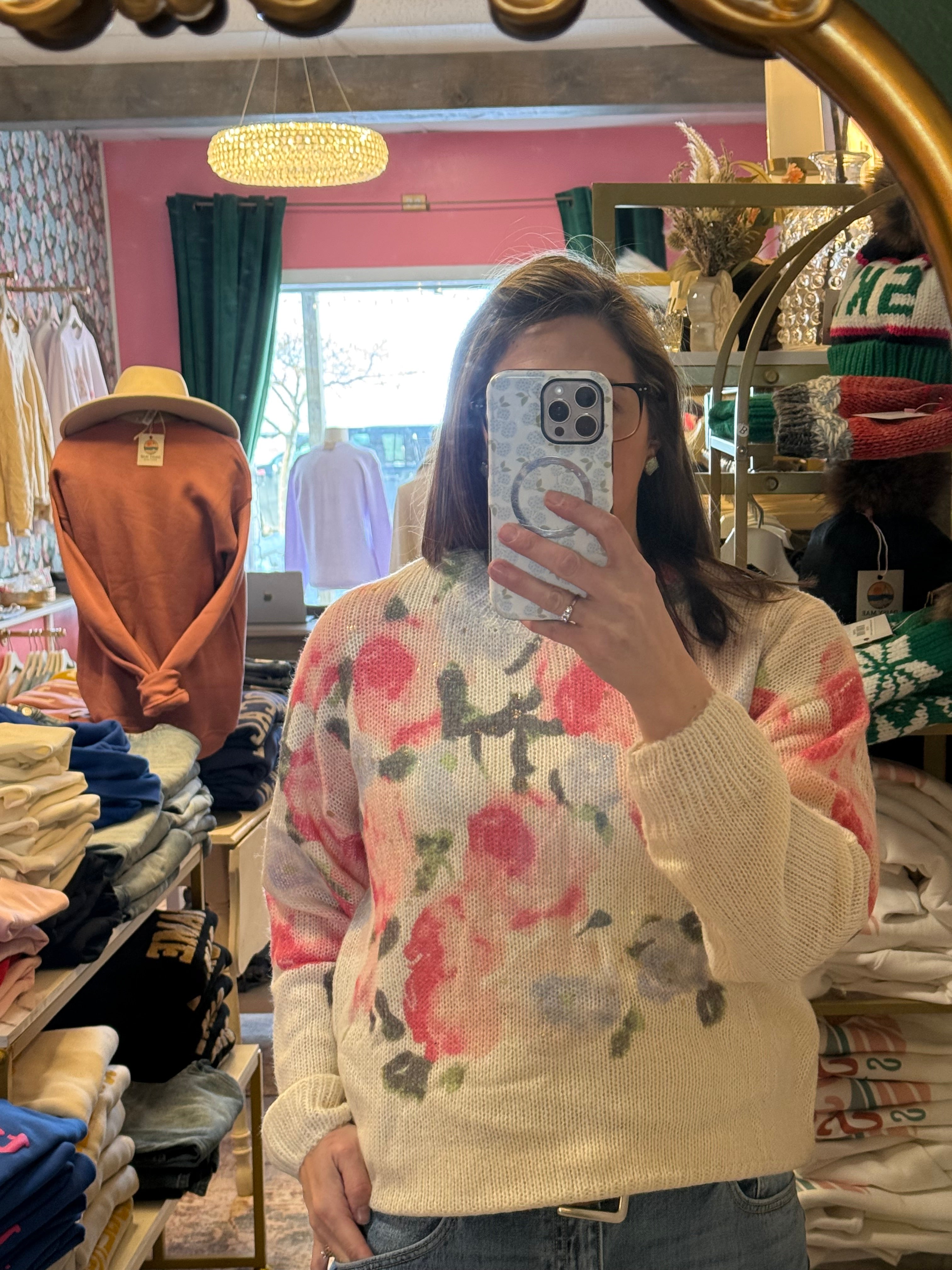 Oversized Floral Print Soft Knit Sweater
