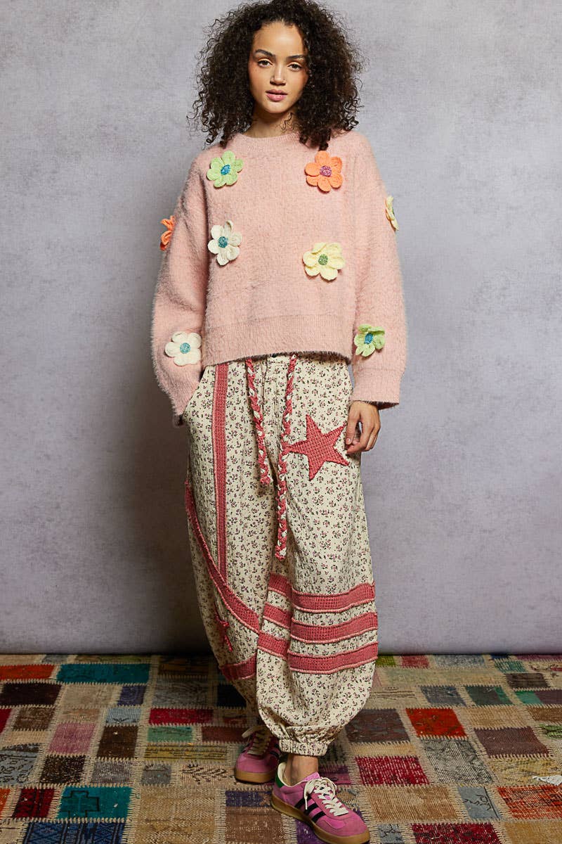 Round neck long sleeve 3D floral mohair sweater top SALE