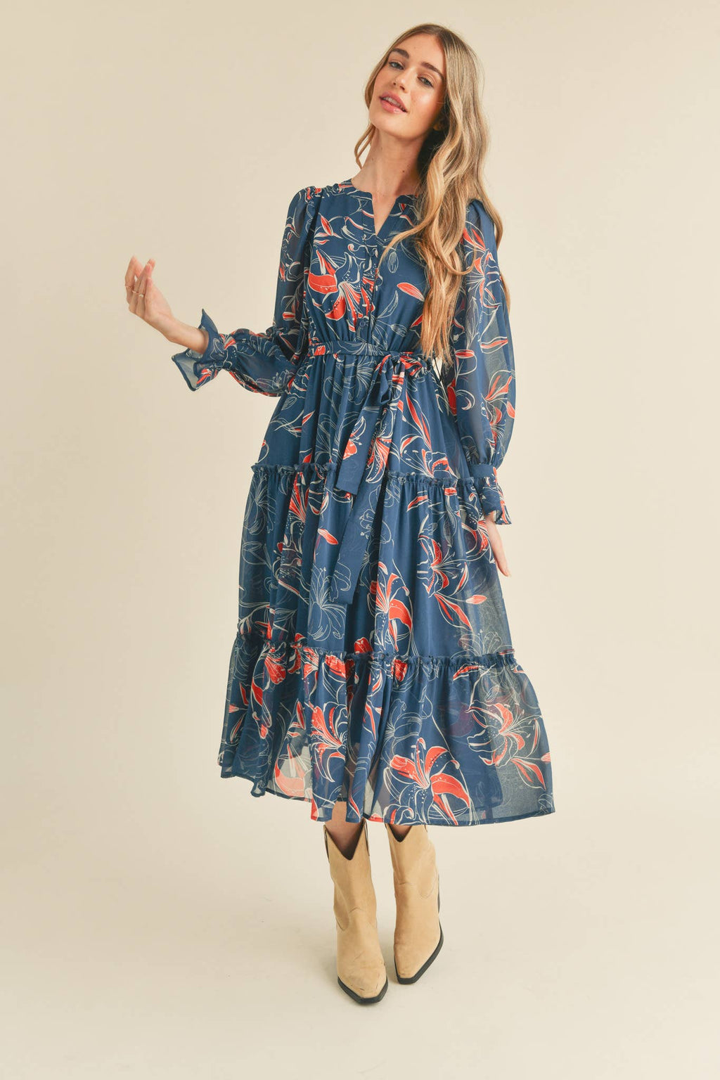 EXCLUSIVE PRINT TIERED BUTTON DOWN MIDI DRESS
