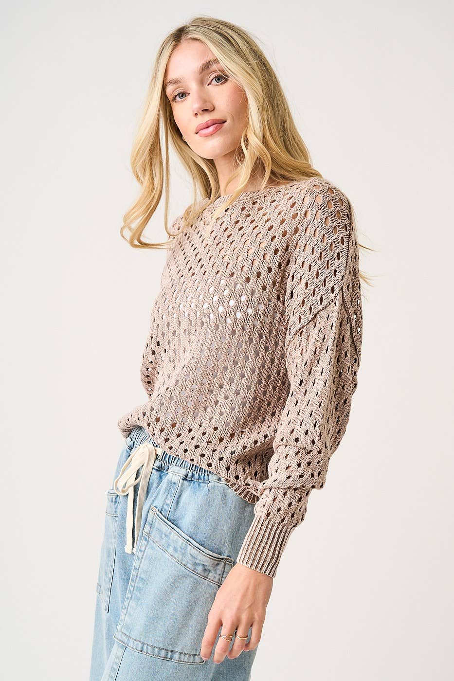 MINERAL WASH OPEN KNIT LONG SLEEVE SWEATER TOP