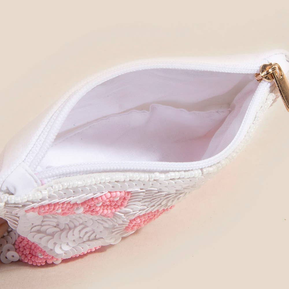 Pink Pearl Bead Ribbon Bow Mixed Beaded Coin Purse