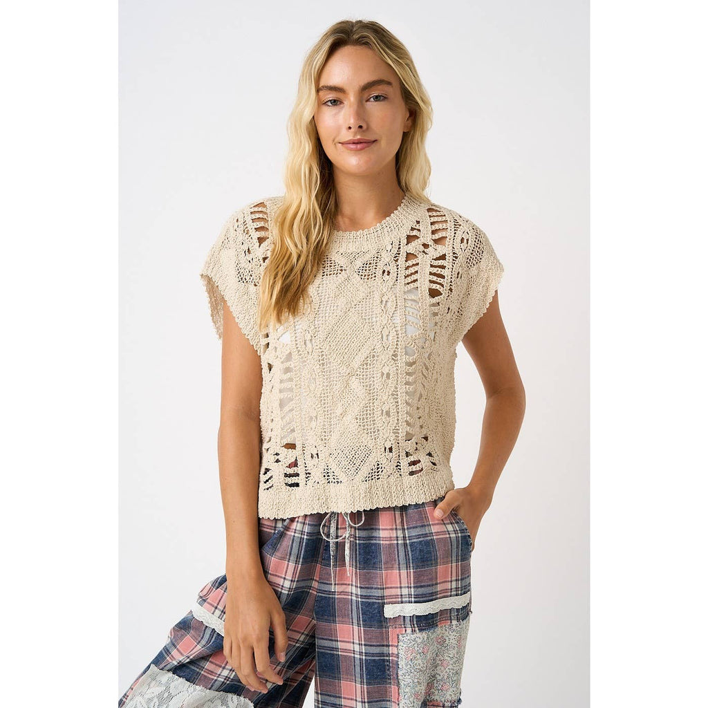 CROCHET OPEN KNIT SHORT SLEEVE SWEATER TOP