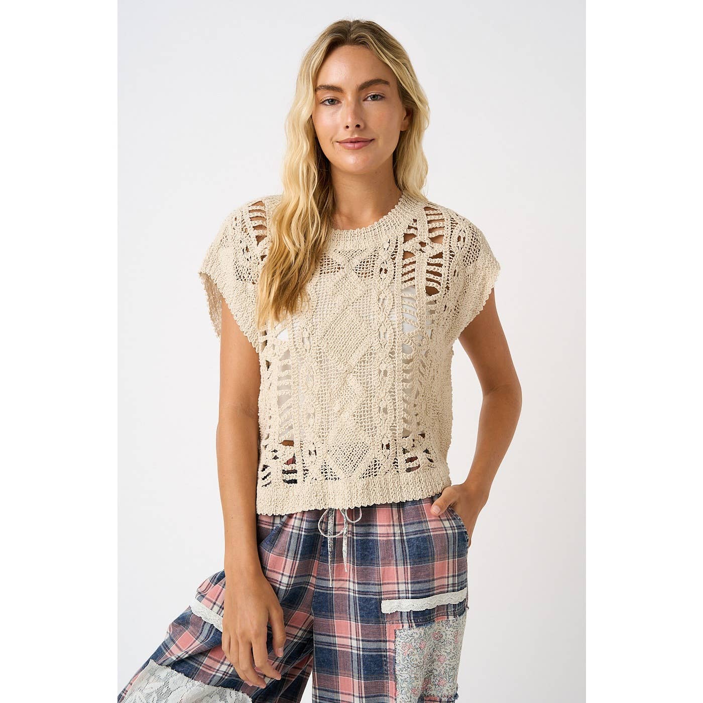 CROCHET OPEN KNIT SHORT SLEEVE SWEATER TOP