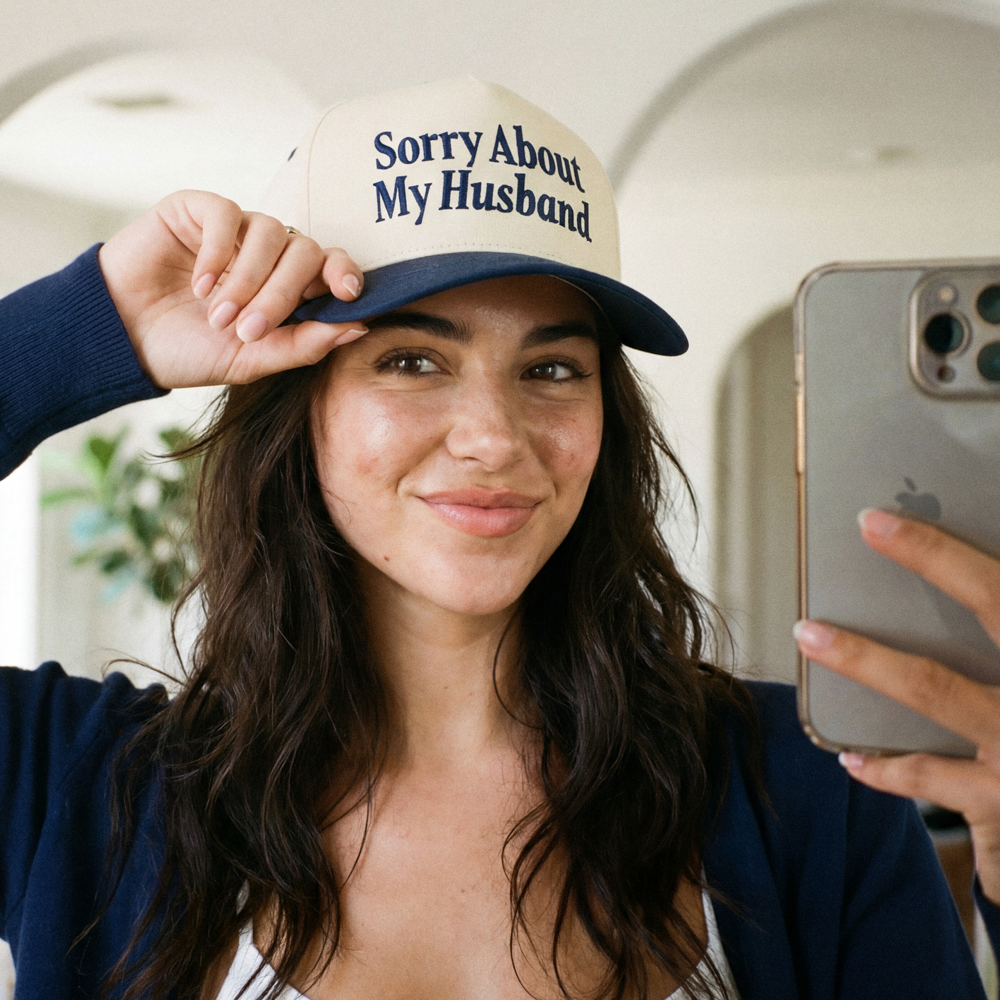 SORRY ABOUT MY HUSBAND TRUCKER HAT- Navy Stitching