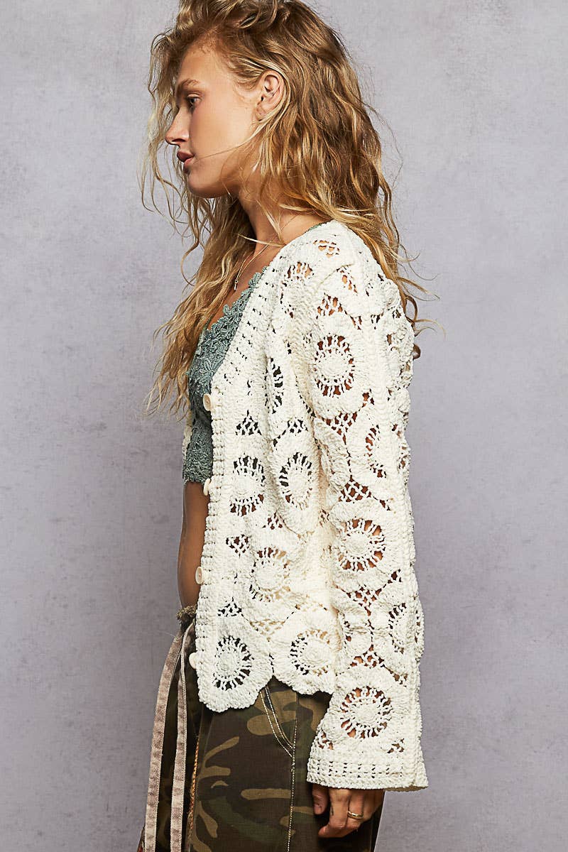 Open knitted button down crochet sweater cardigan