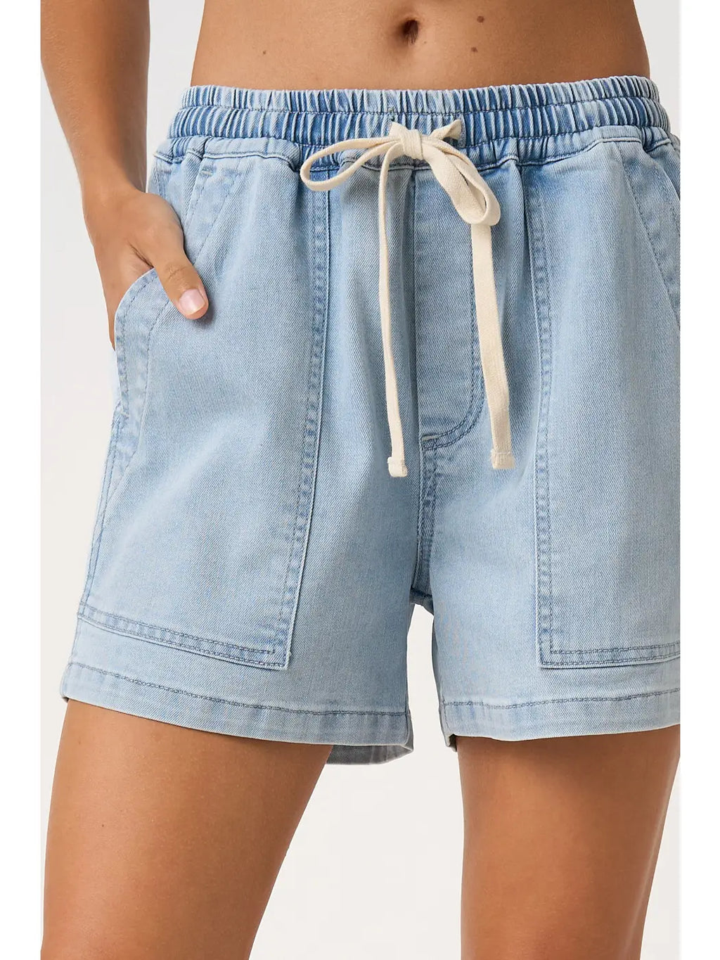 Washed Denim Drawstring Patch Pocket Shorts