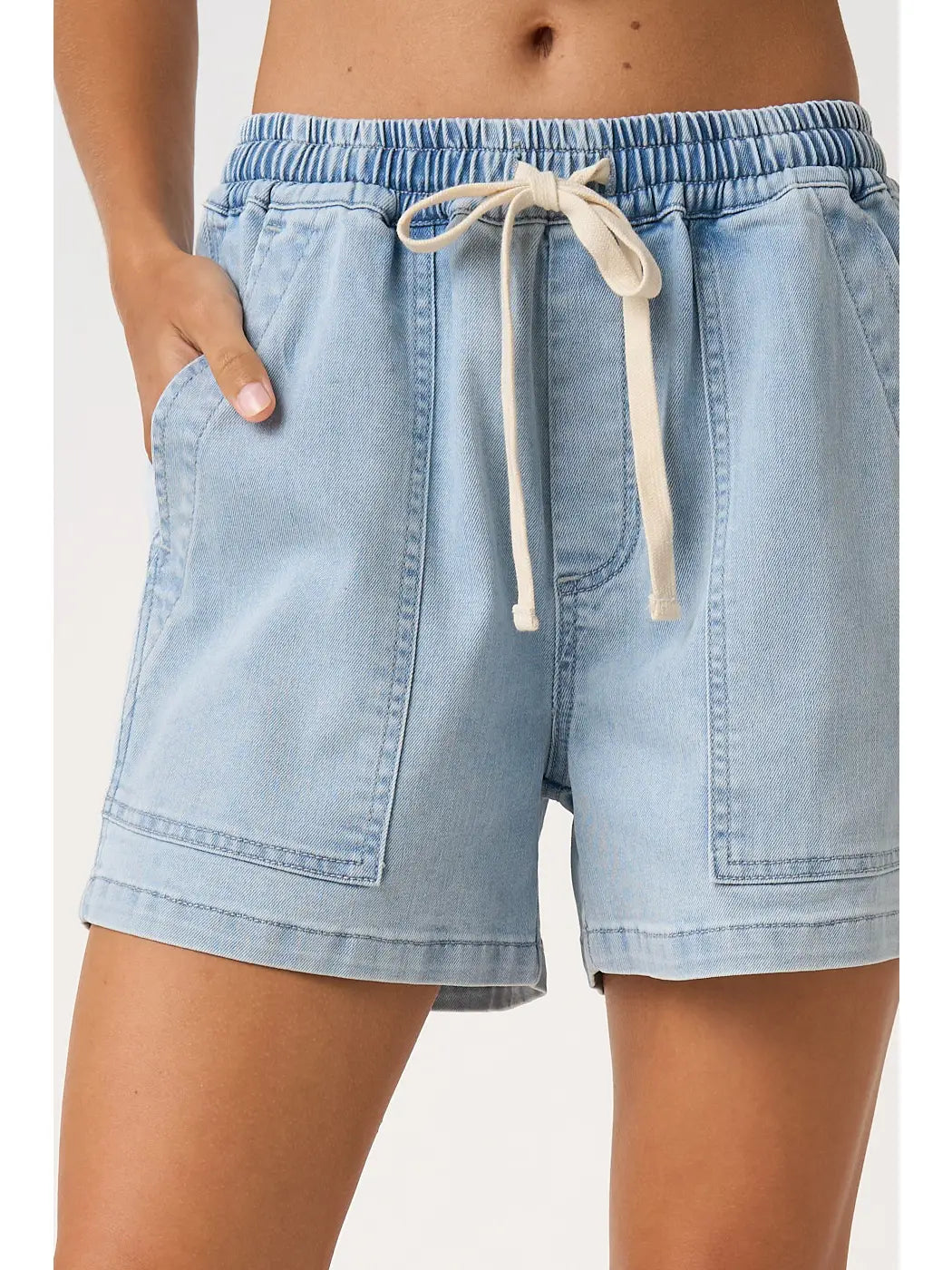 Washed Denim Drawstring Patch Pocket Shorts