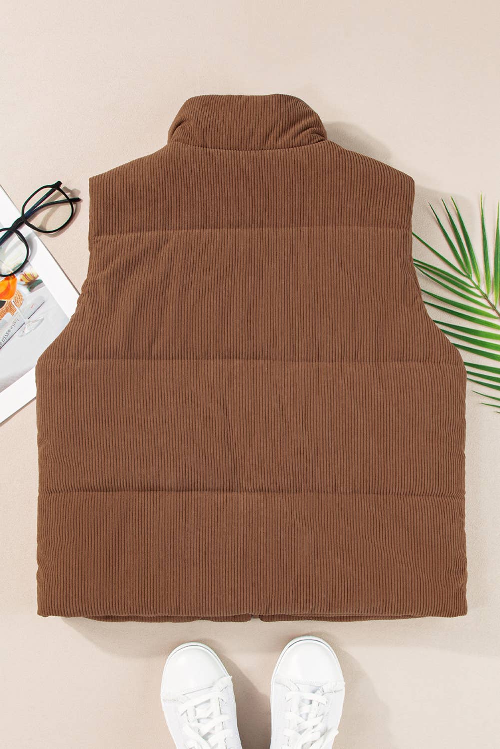 Womens Corduroy Stand Neck Zipped Puffer Vest