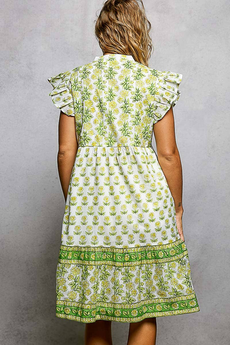 Boho Floral Print Ruffle Sleeve V-Neck Midi Dress