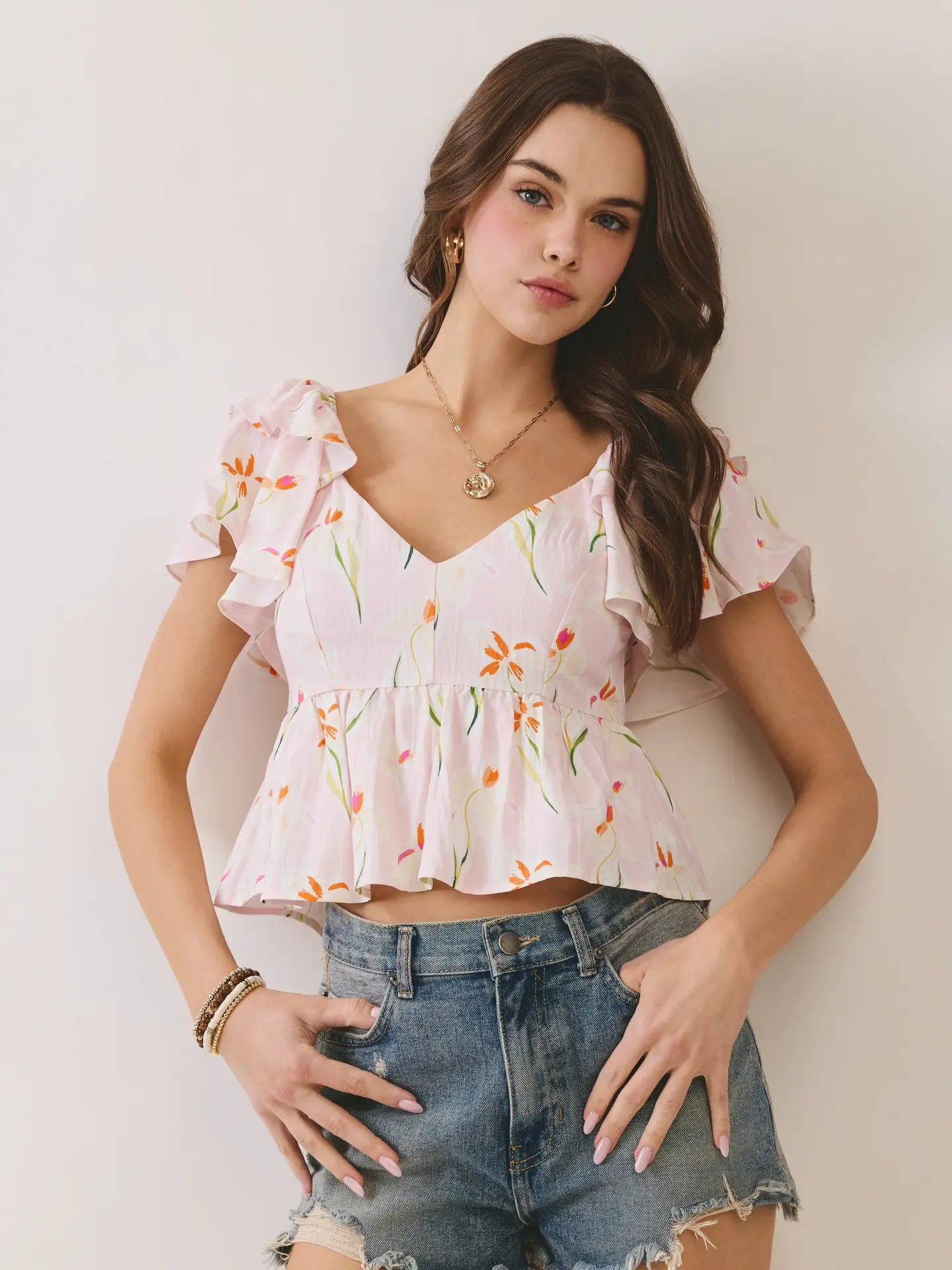 Floral Print Ruffle Sleeve V Neck Babydoll Top