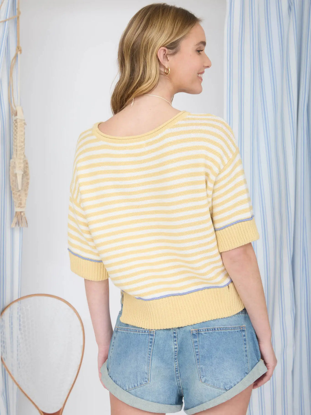 Stripe Raw Edge Detail Contrast Trim Sweater