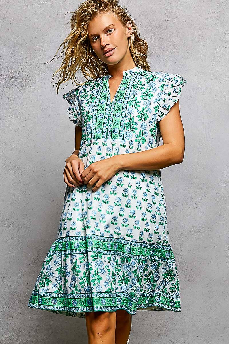 Boho Floral Print Ruffle Sleeve V-Neck Midi Dress
