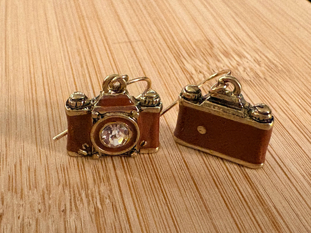 Crystal Lens Brown_Brass Film Camera Retro Earrings