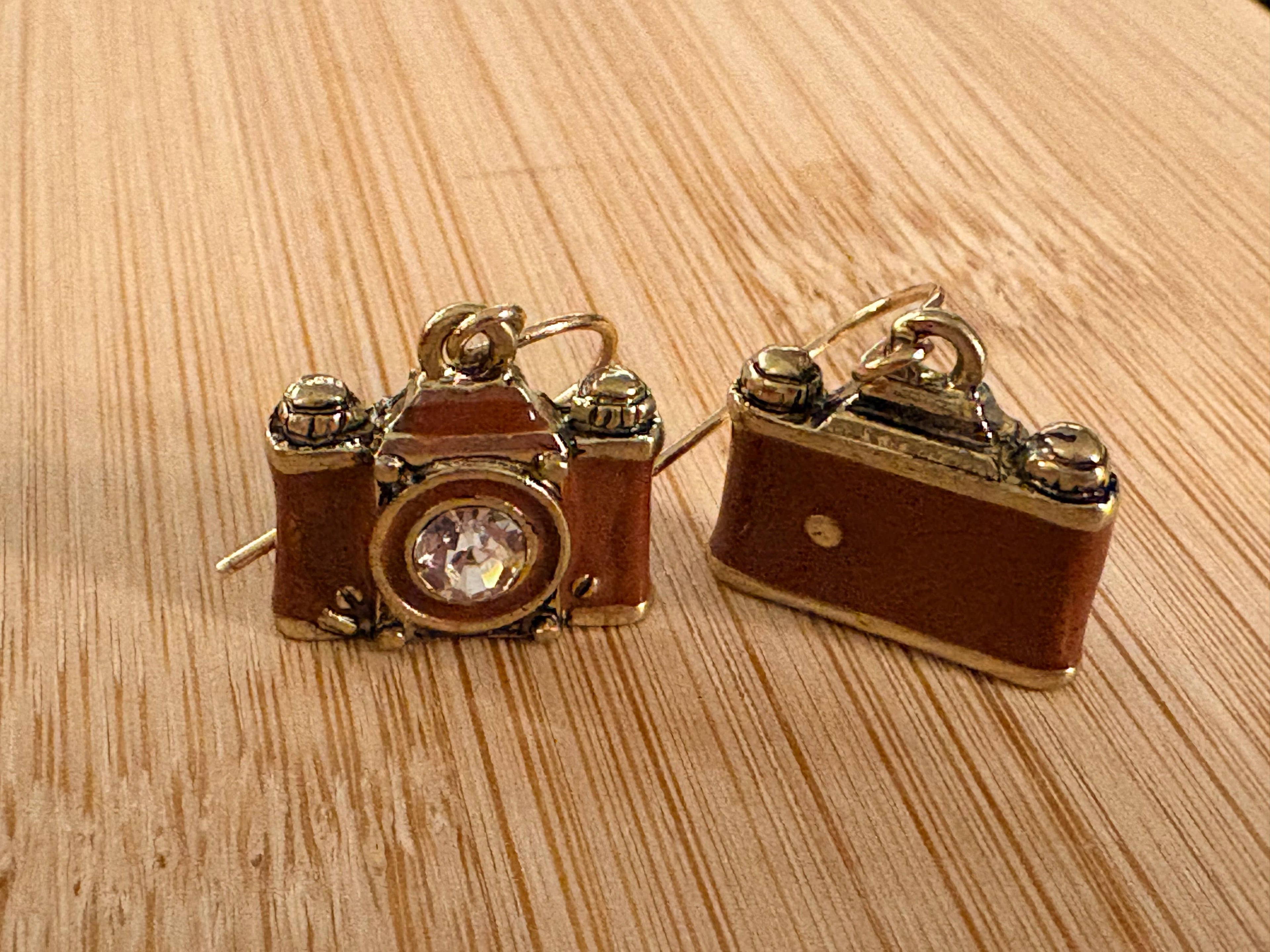 Crystal Lens Brown_Brass Film Camera Retro Earrings