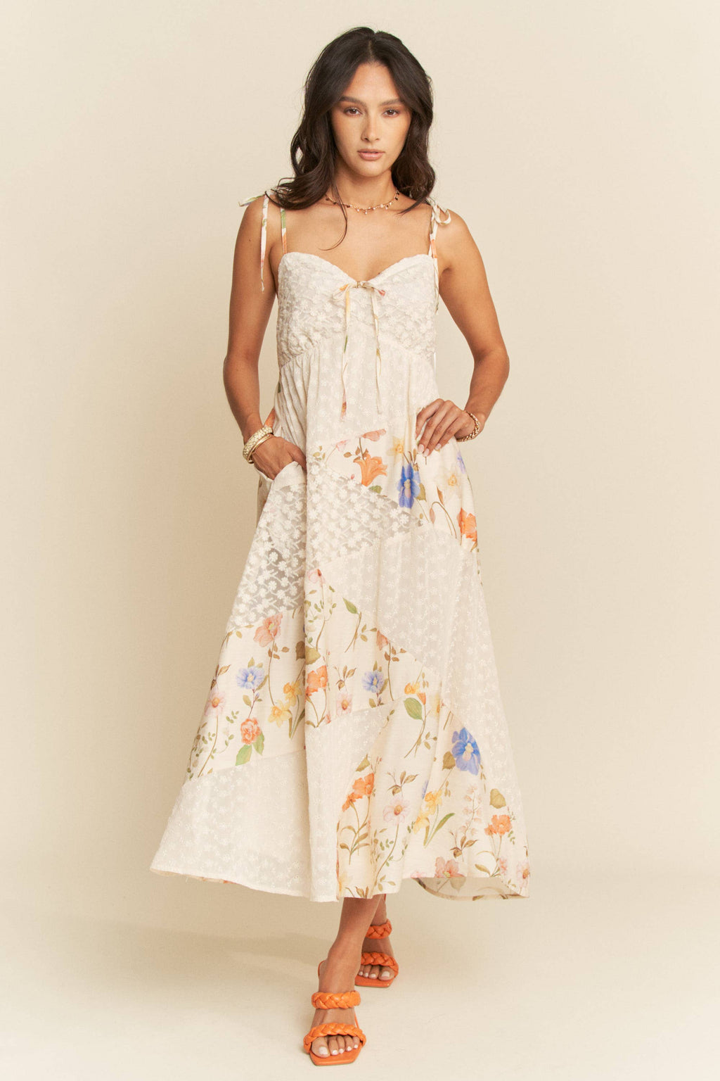 FLORAL LACE FABRIC DETAIL MAXI SLIP DRESS