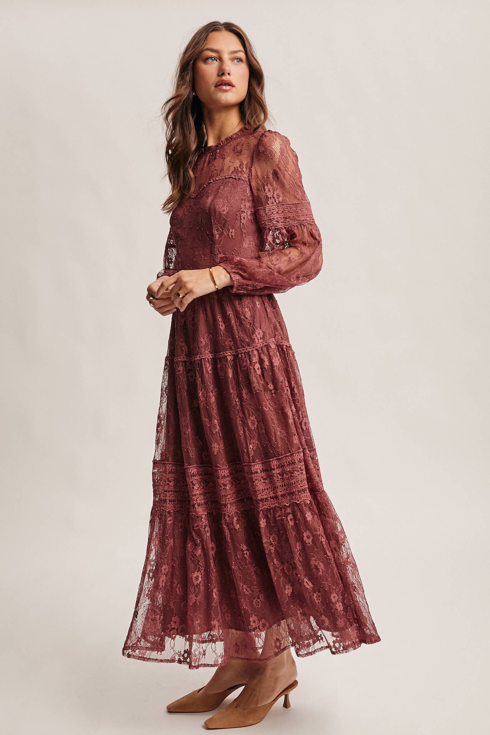 Tiered Long Sleeve Lace Maxi Dress