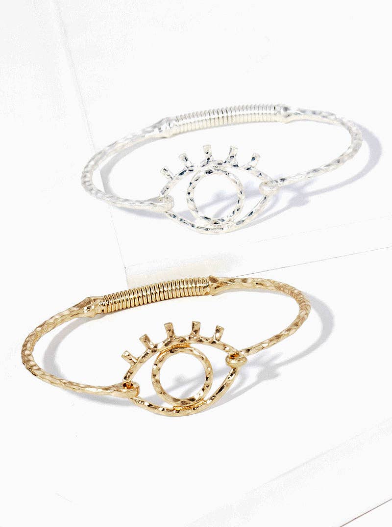 Hammered Metal Evil Eye Spring Hook Bangle Bracelet