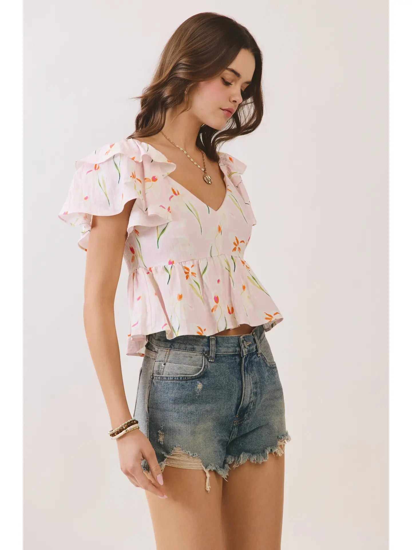 Floral Print Ruffle Sleeve V Neck Babydoll Top