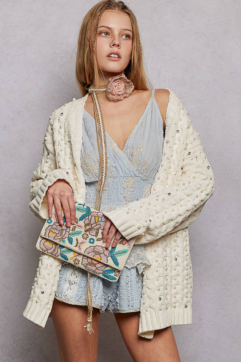 Floral Beaded Chain Strap Ivory Mini Shoulder Bag