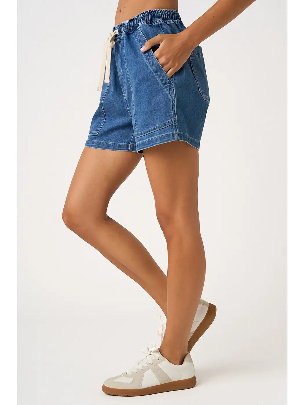 Dark Washed Denim Drawstring Patch Pocket Shorts