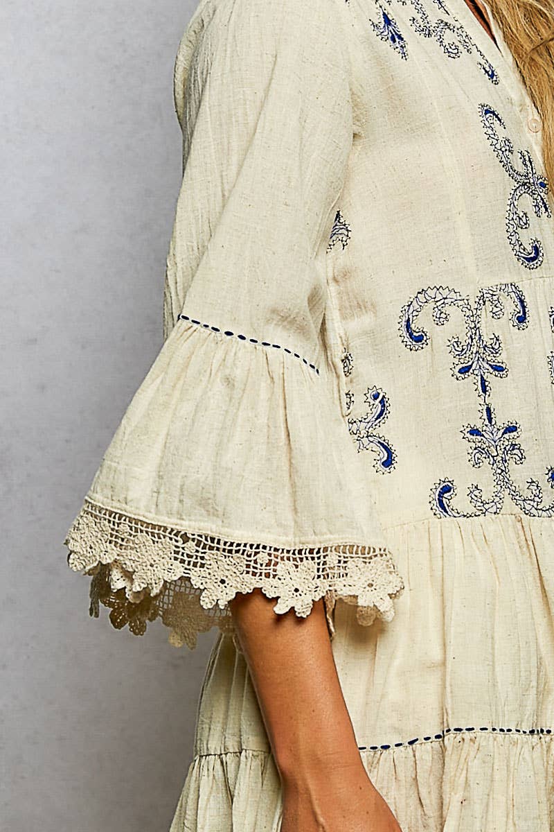 Linen 3/4 Sleeve V-Neck Lace Embroidery Dress